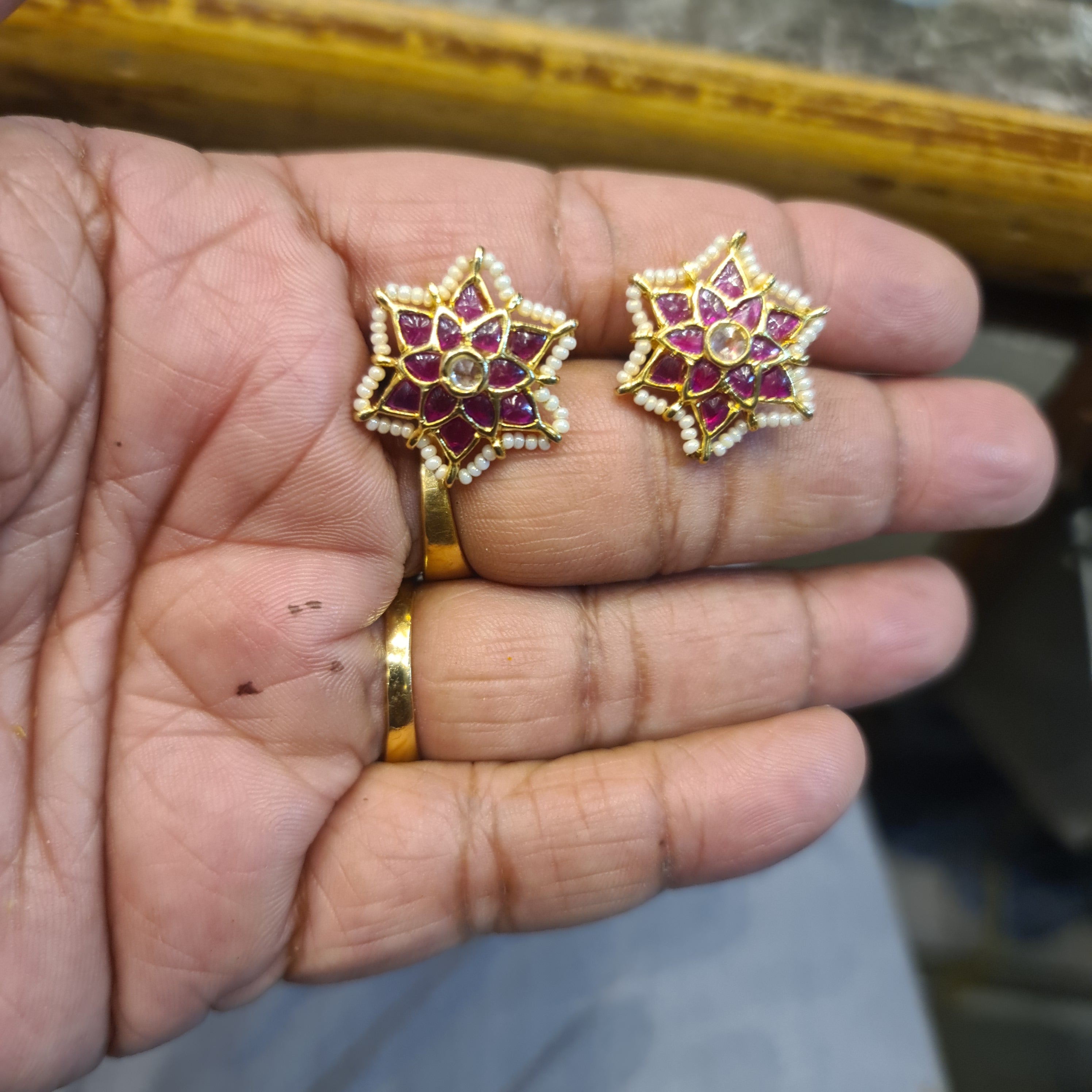 Kundan Ruby Star Stud Earrings | Screw Back | Gold Plated