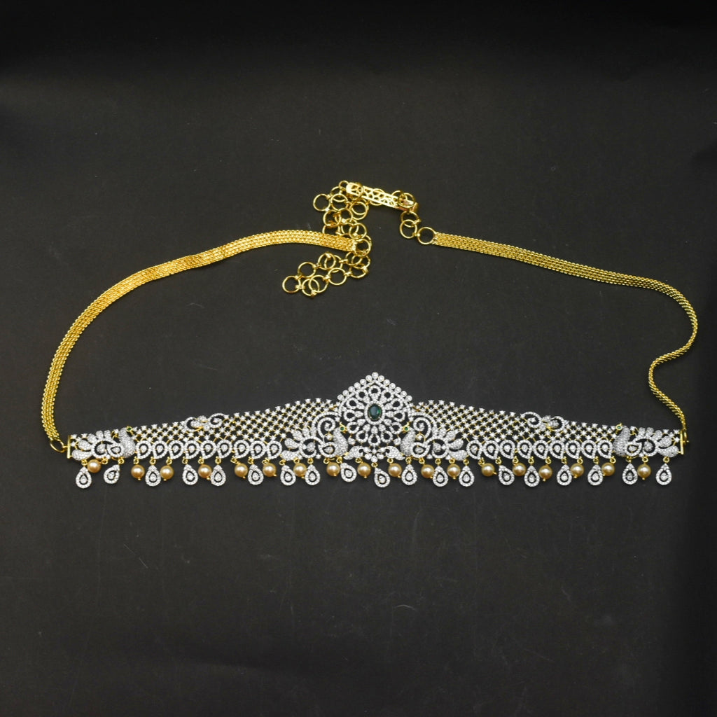 Zircon Rhodium-Gold Double Tone Diamond Look Chain Vaddanam for Bride
