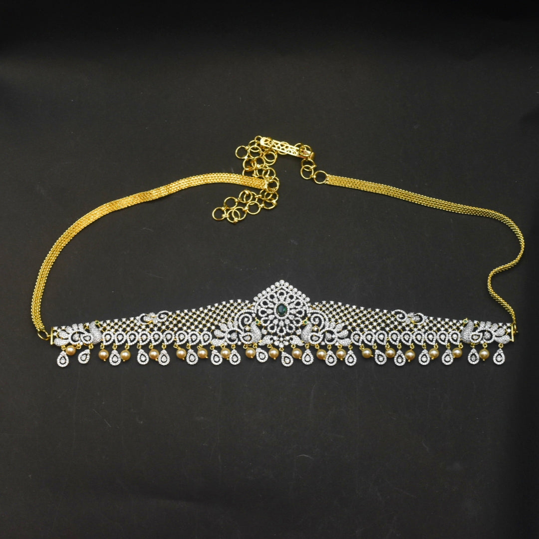 Zircon Rhodium-Gold Double Tone Diamond Look Chain Vaddanam for Bride