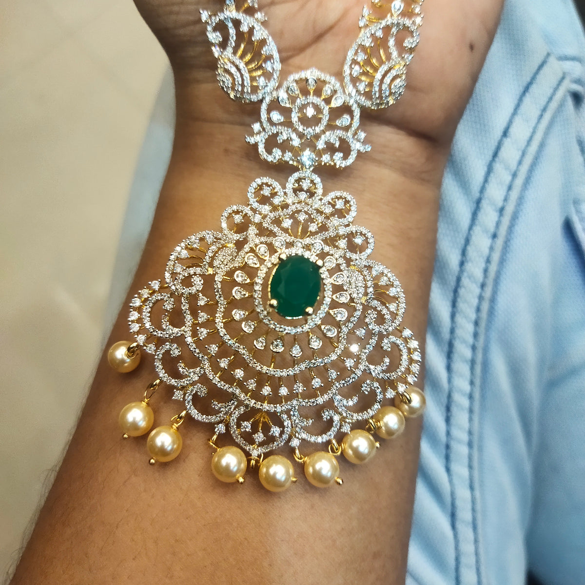Green Zircon Long & Short Necklace Combo Set - Rhodium Gold Plated Bridal Jewelry