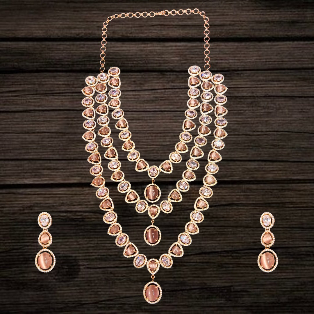 Pink Rose Gold American Diamond Layered Necklace Set - 24 Inch Wedding Jewelry