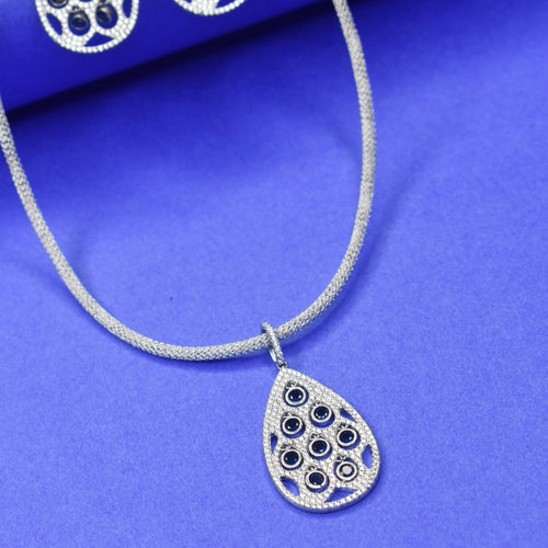 925 Silver CZ Pendant Necklace Set with Platinum Polish & Push Back Earrings