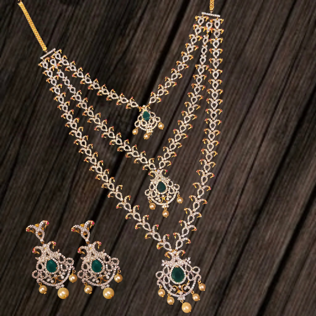 Elegant Three Layered American Diamond Emerald Necklace - Premium Bridal Set