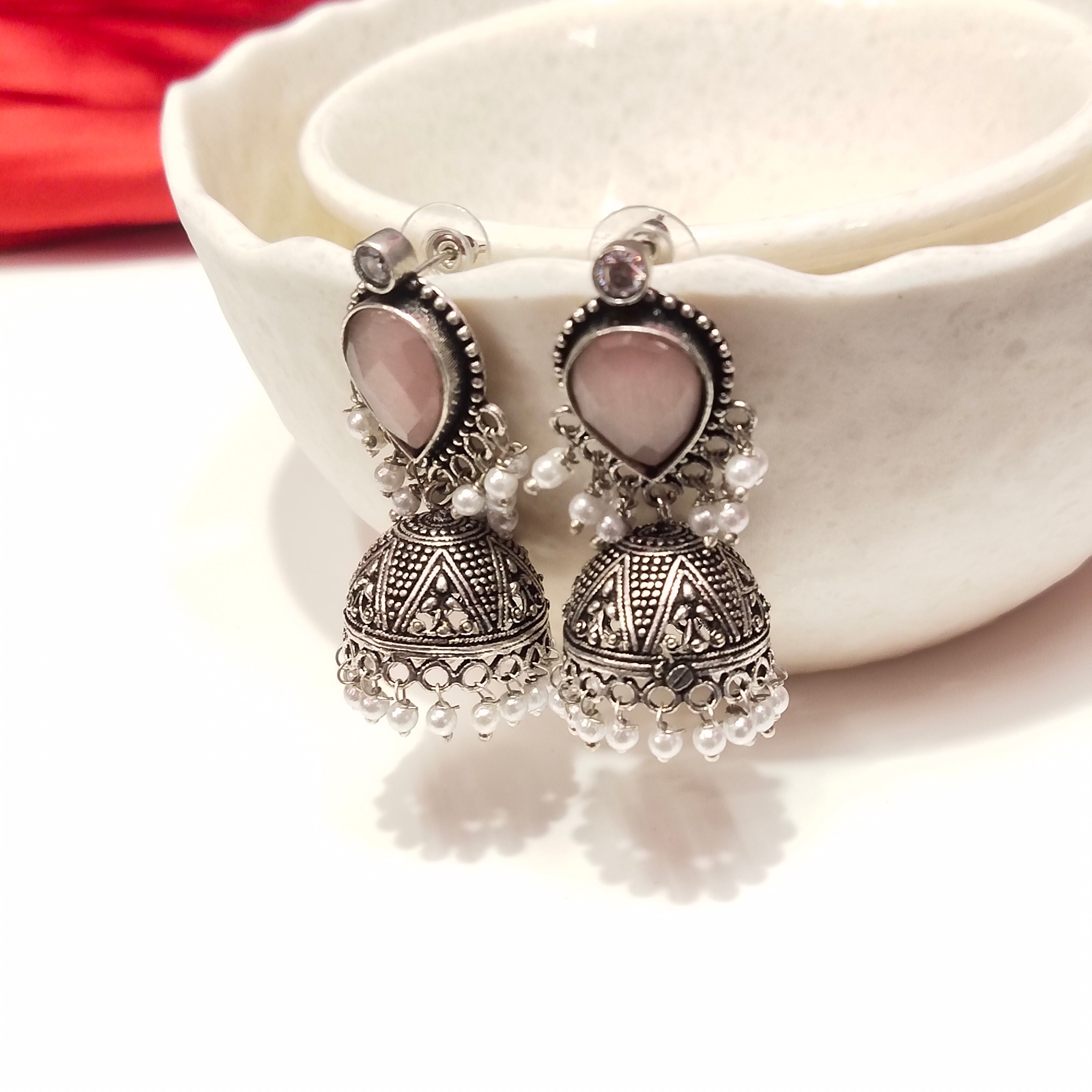 Classic Oxidized Silver Jhumka - Vintage Style Pink Accents