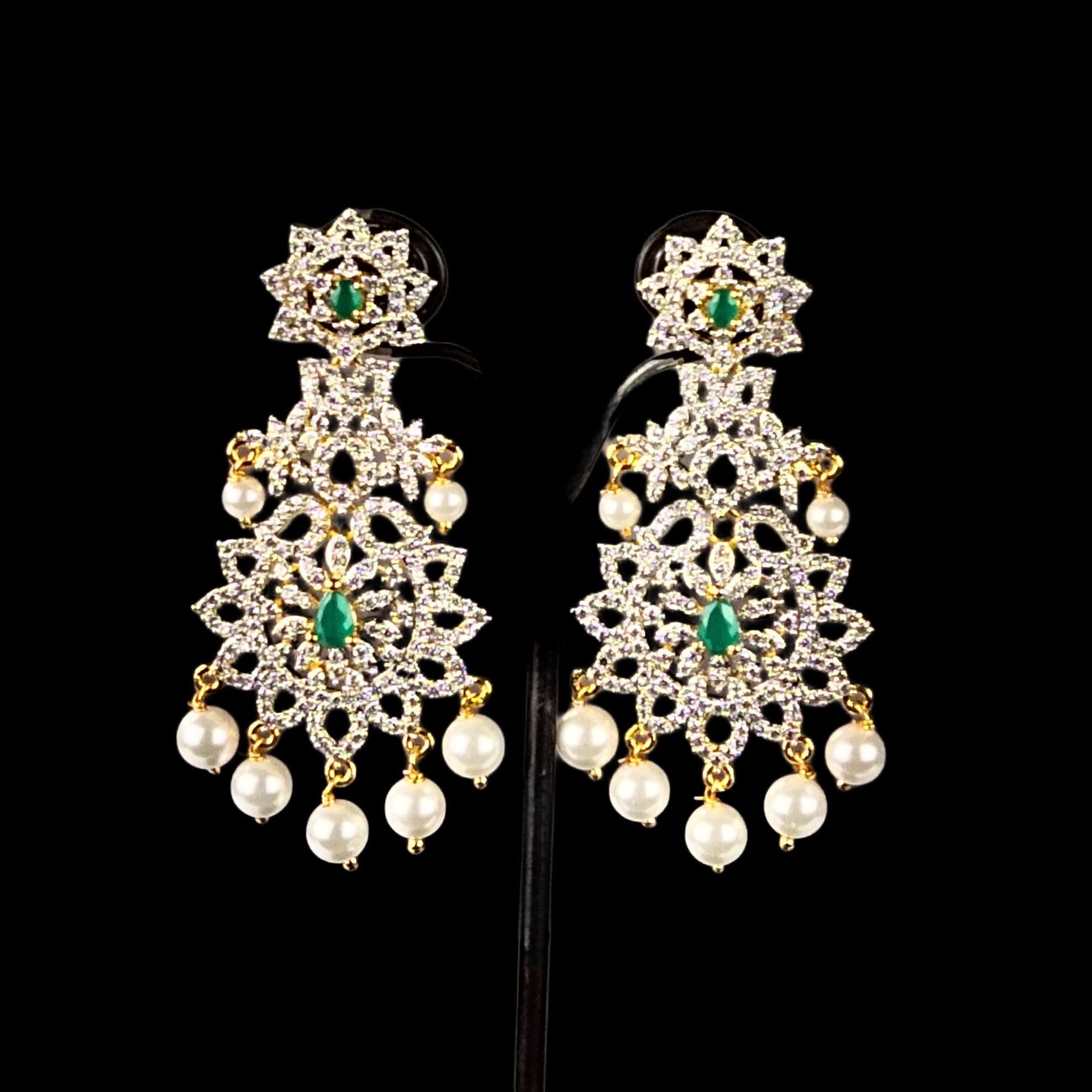 CZ Diamond Long Haram Necklace Set with Pearl Drops | Ruby & Emerald | 26 Inch