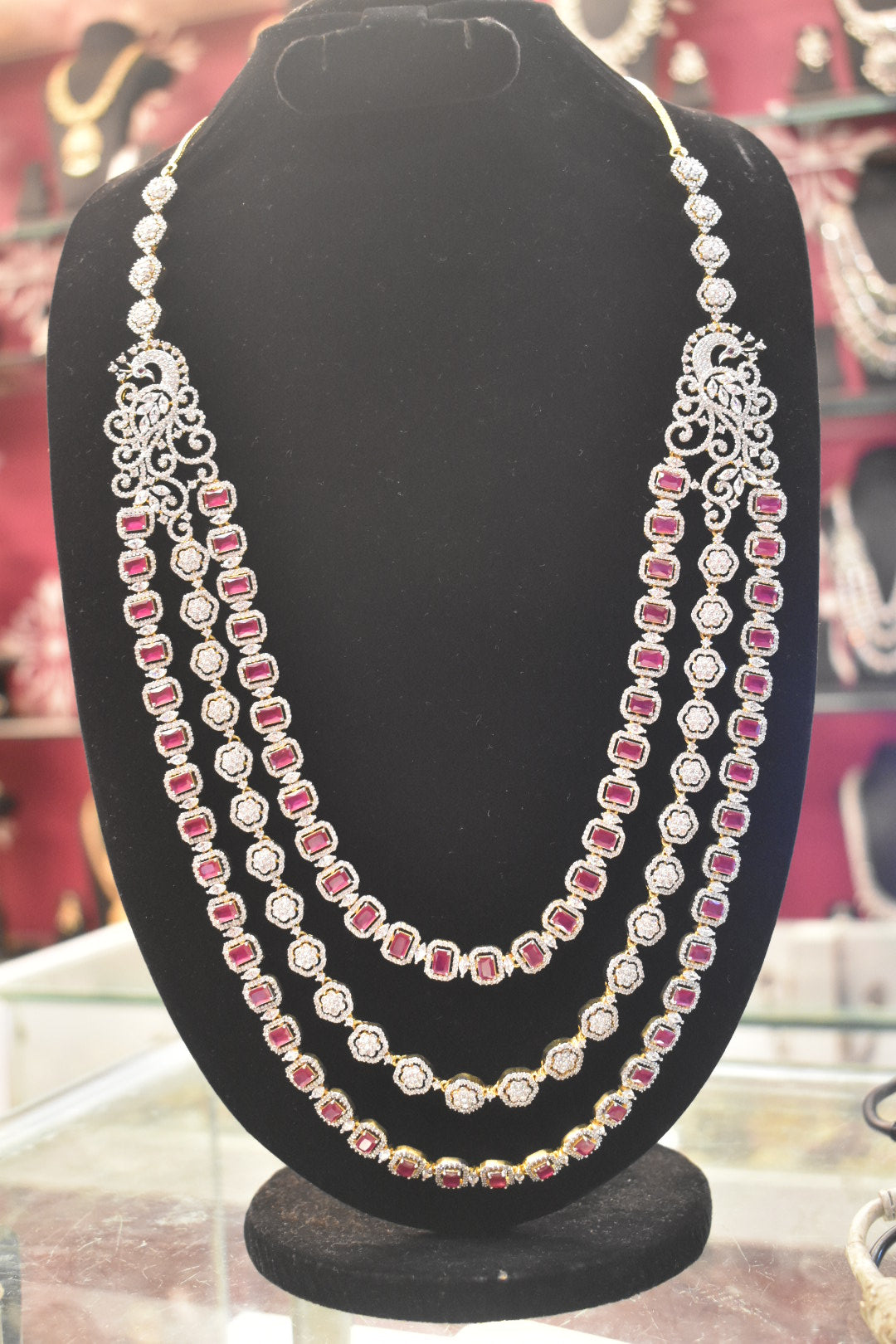 Ruby Diamond 3-Strand Haram Necklace – Red CZ & Gold Plated Long Necklace 681573982011