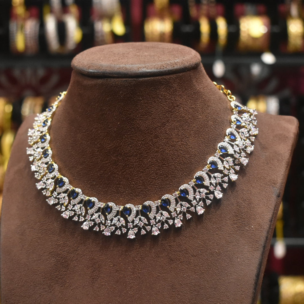 Blue & White Zircon Rhodium-Gold Plated Necklace - Elegant Statement Jewelry