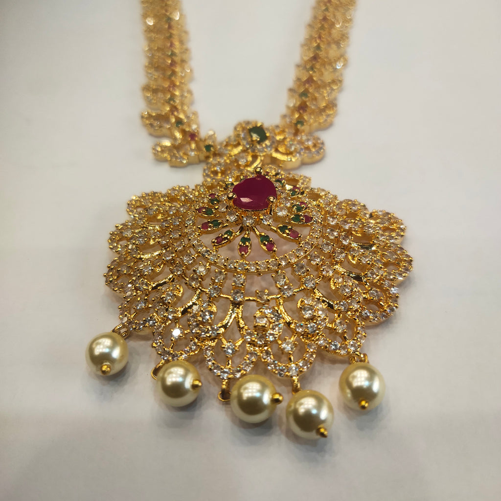 CZ Gold Plated Long Necklace Set - Timeless Elegant Bridal Jewelry