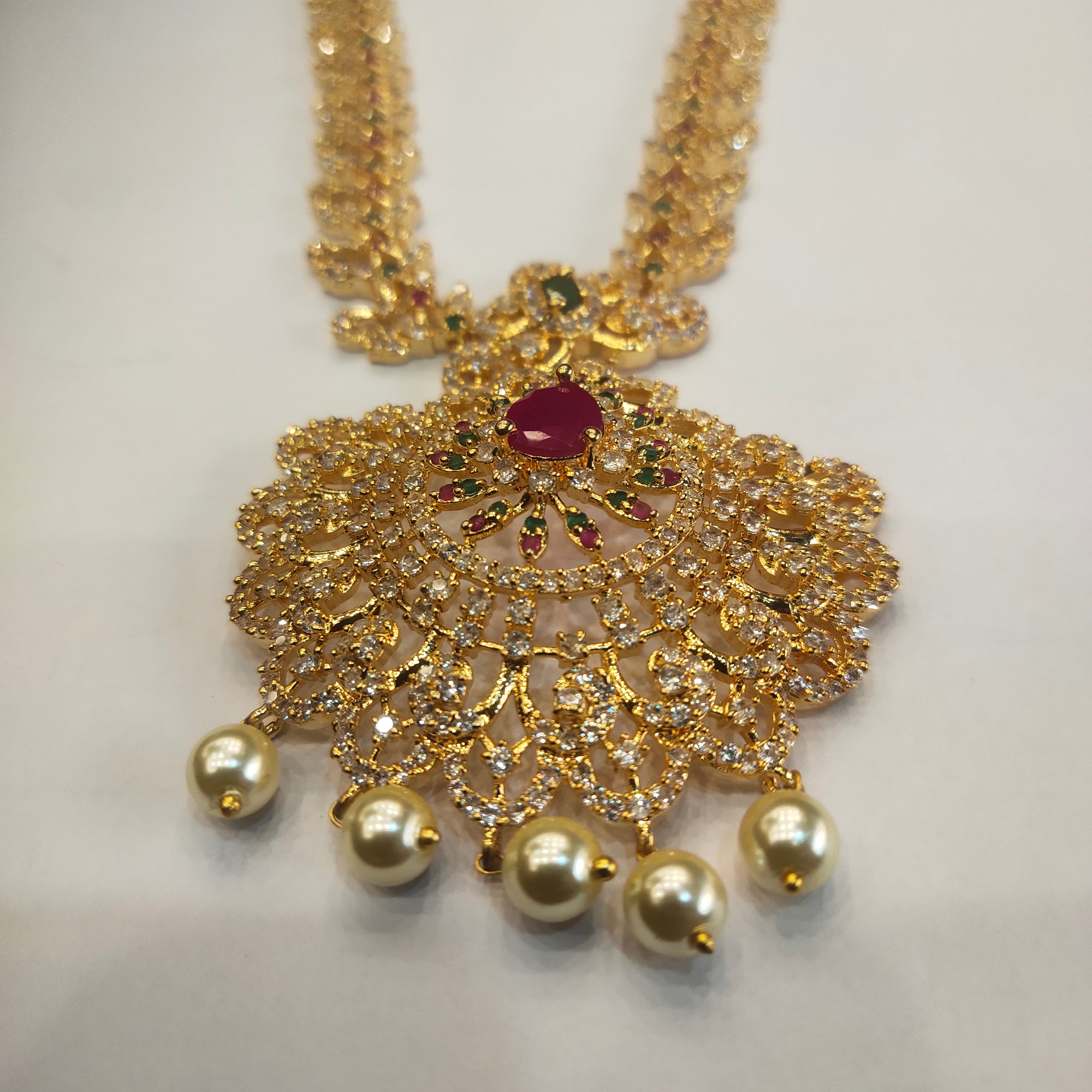 CZ Gold Plated Long Necklace Set - Timeless Elegant Bridal Jewelry