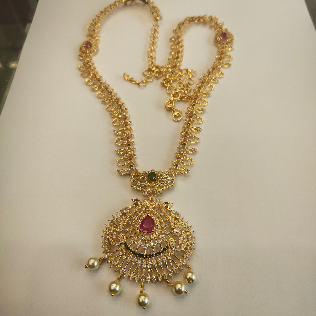 CZ Gold Plated Long Necklace Set - Exquisite Bridal Statement Jewelry