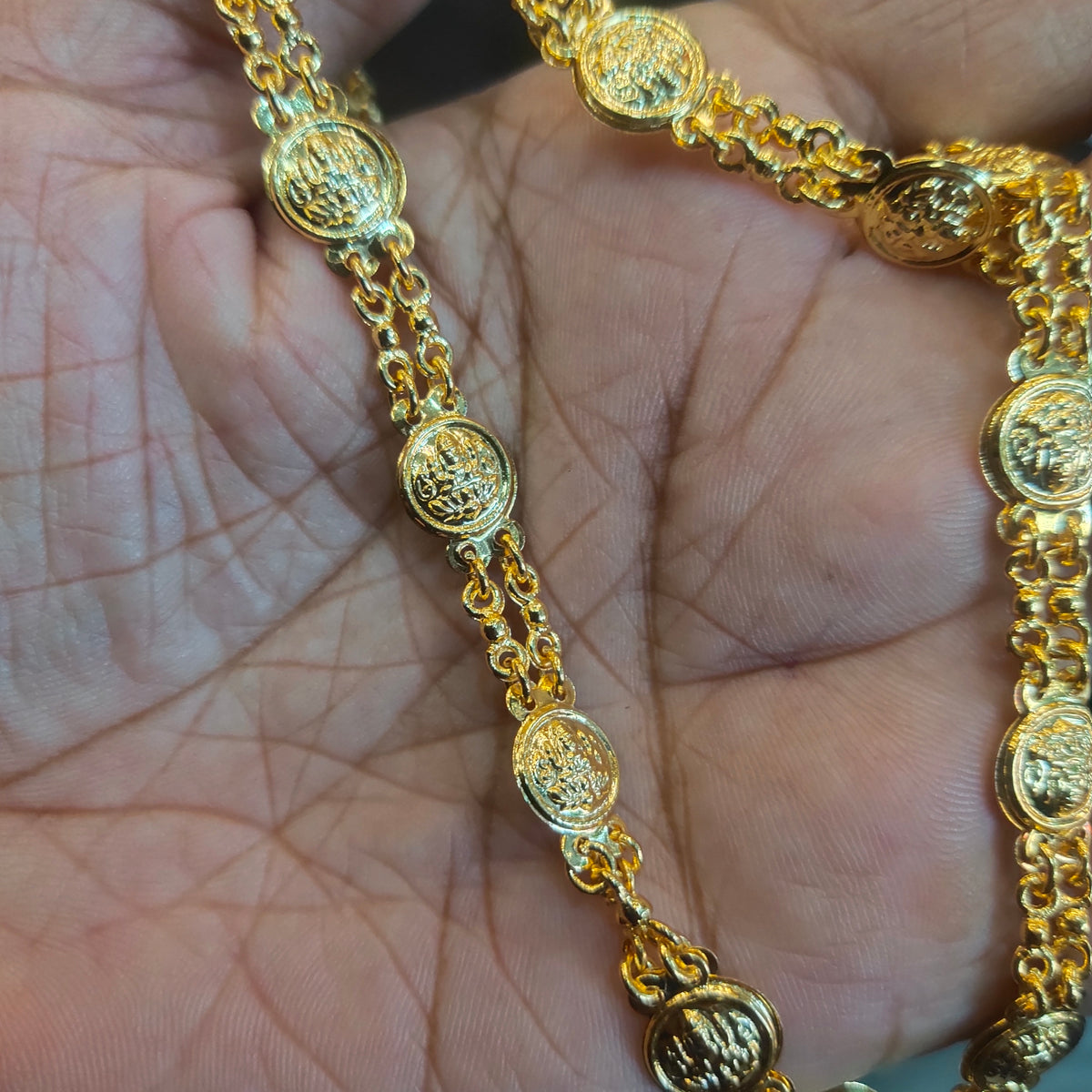 24K Gold Plated Two Rows Lakshmi Kasu Chain - Double Layer Temple Necklace