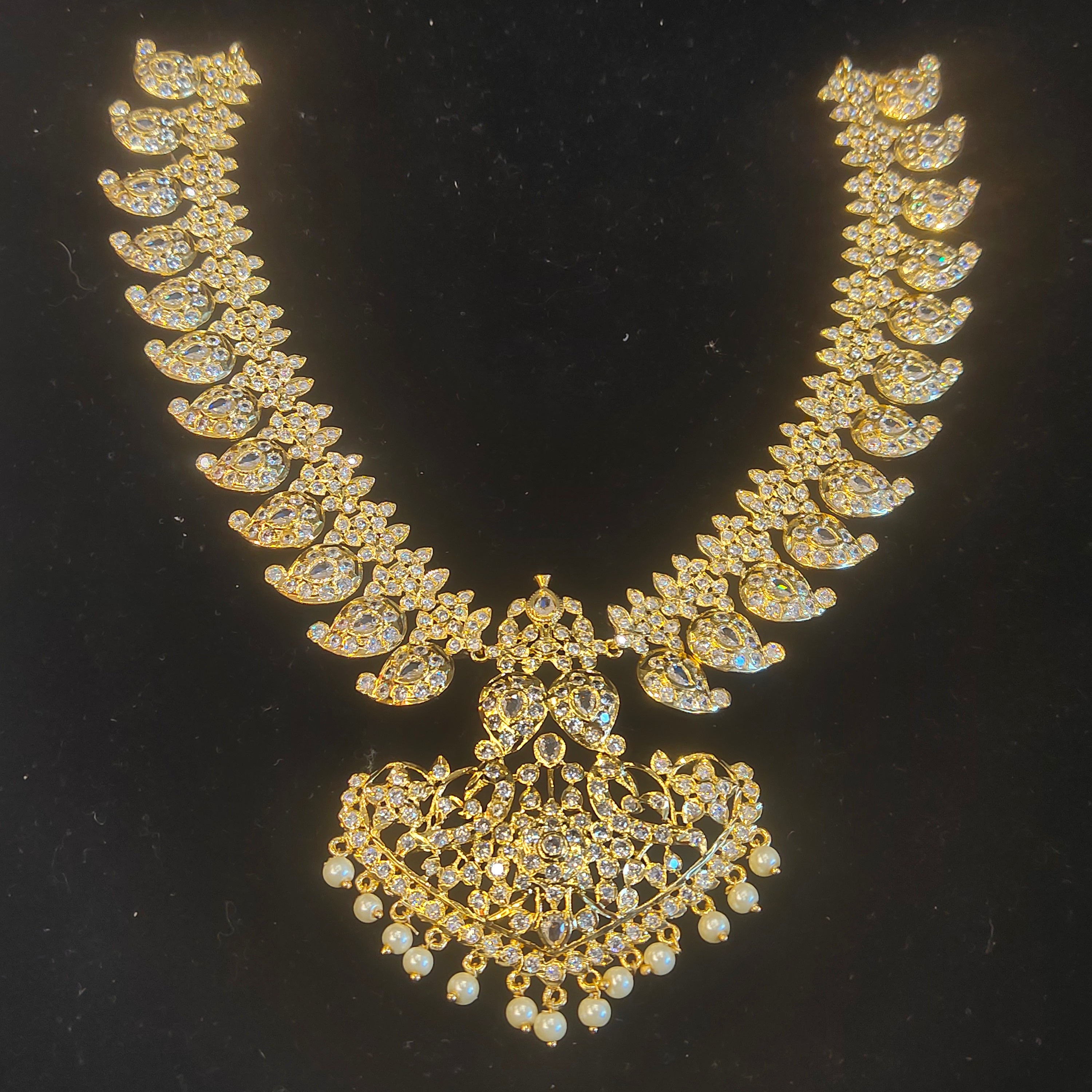 Heavy CZ Statement Necklace with Pearl Drops | Gold Plated