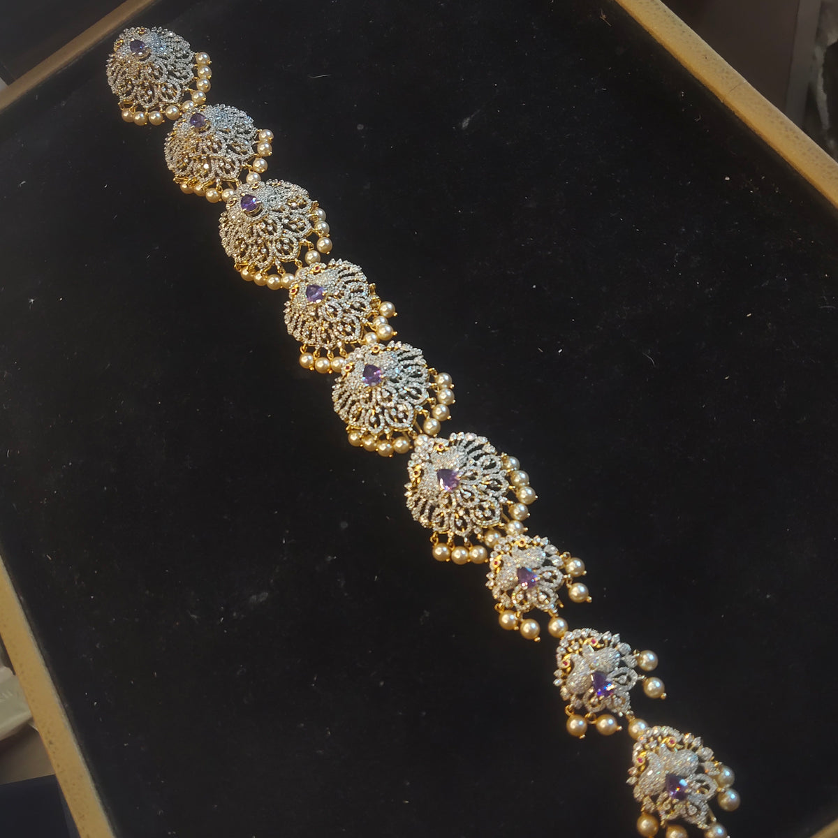 CZ Diamond Jada Billalu with Amethyst & Pearl Drops | Temple Jewelry Hair Chain