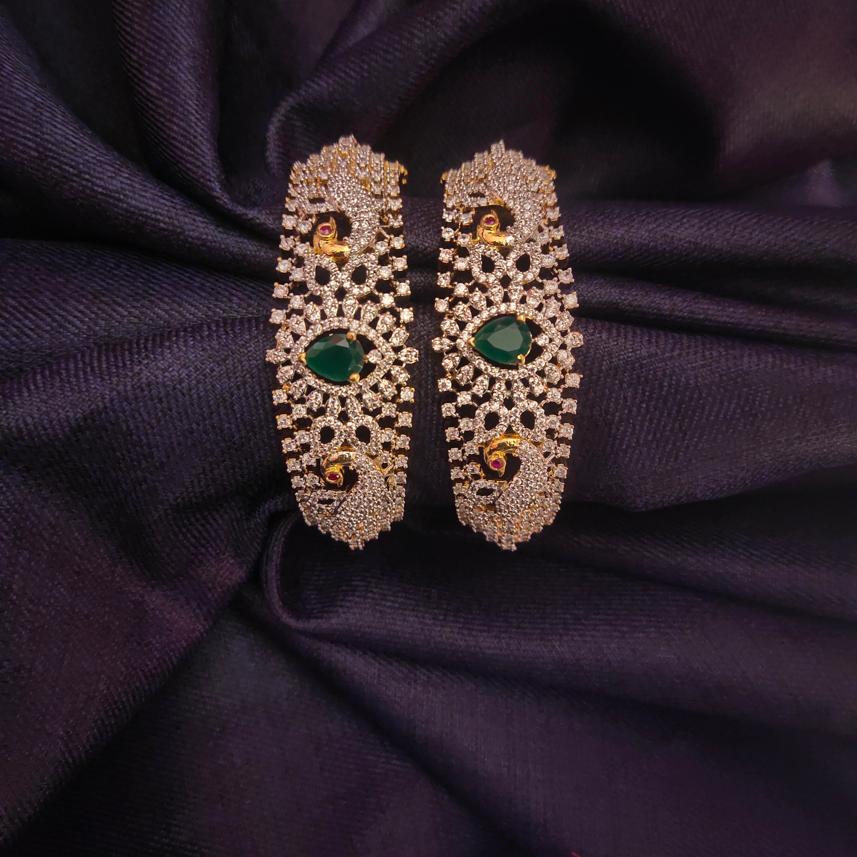 Zircon Emerald Bangles - Rhodium Gold Plated Openable Bangles Set