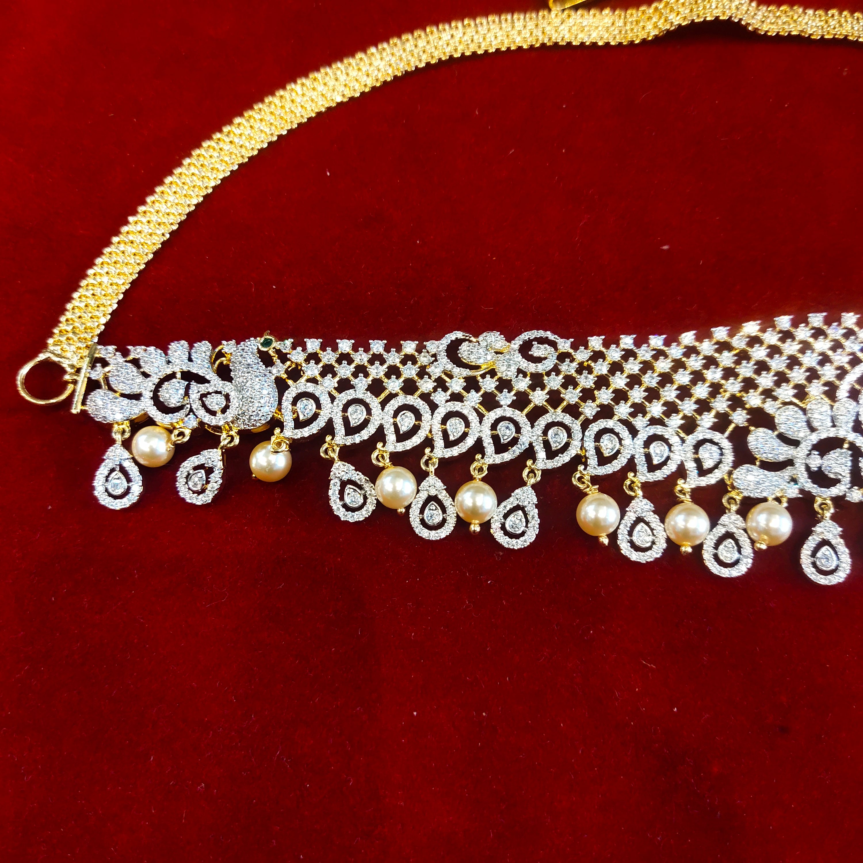 Zircon Rhodium-Gold Double Tone Diamond Look Chain Vaddanam for Bride