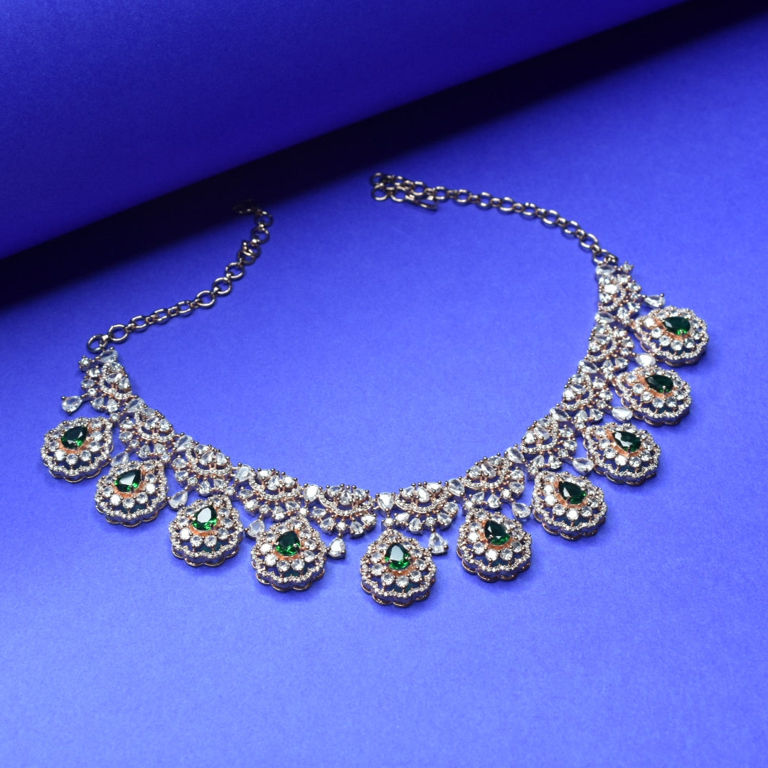 Rose Gold CZ Necklace Set with Jhumkas - Cubic Zircon Jewelry