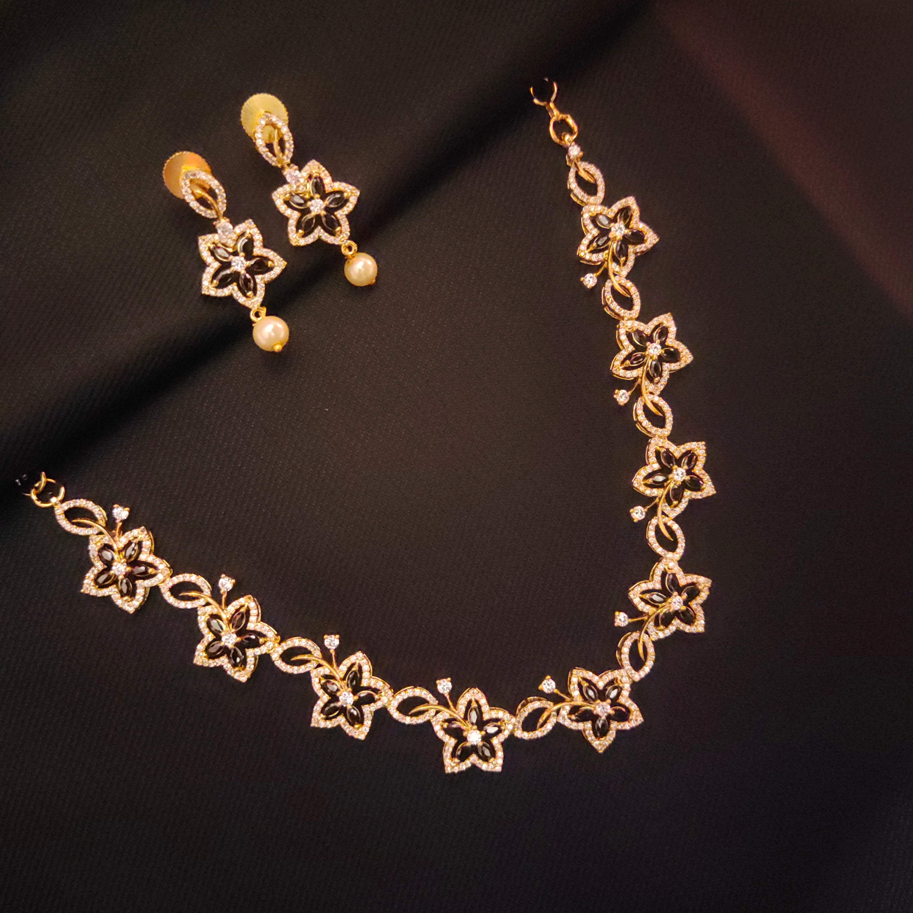 Black Zircon Floret Necklace Set - Rose Gold Floral Jewellery
