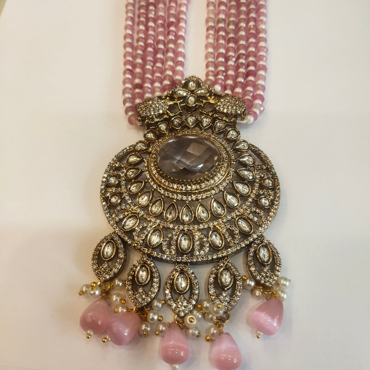 Victorian Pink Zircon Beaded Necklace Set - 24 Inch Long CZ Bridal Jewelry