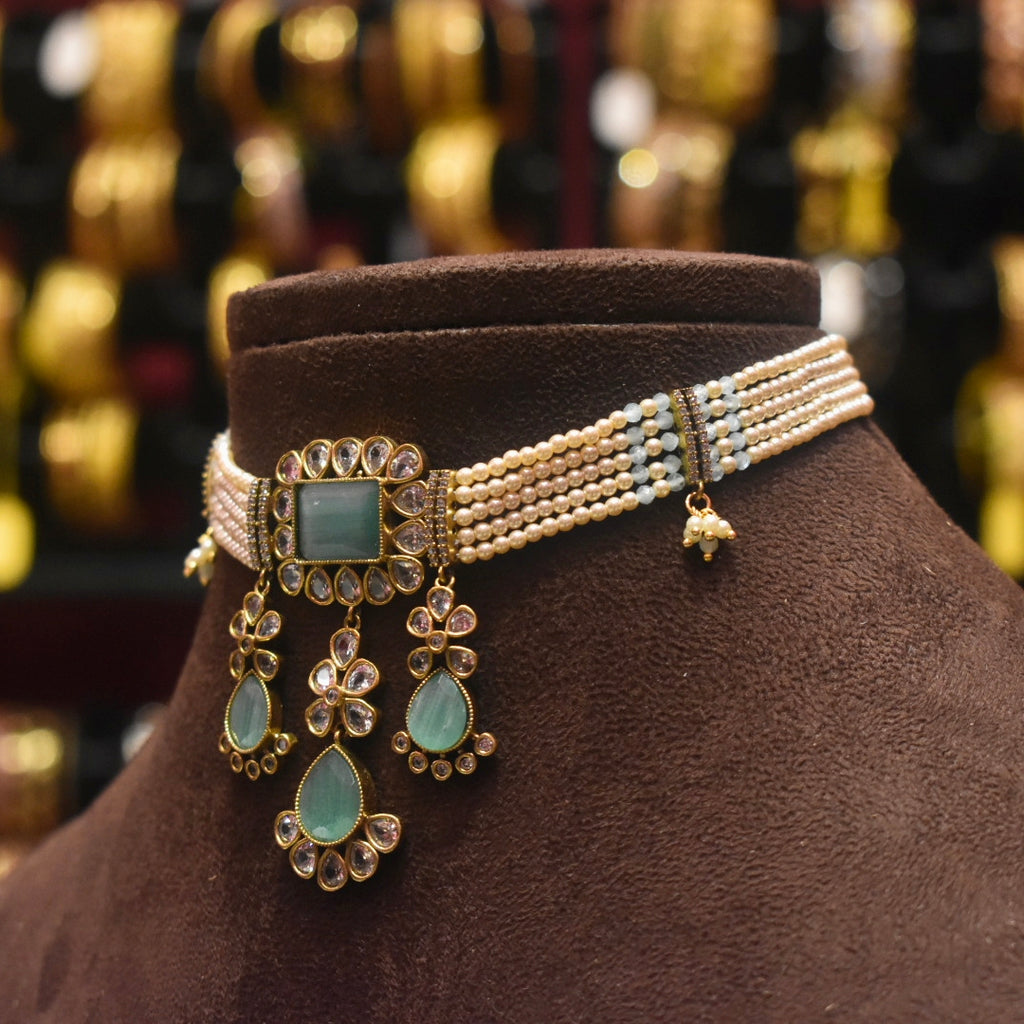 Asp Pastel Green Victorian Diamond Pearls Choker Necklace Set