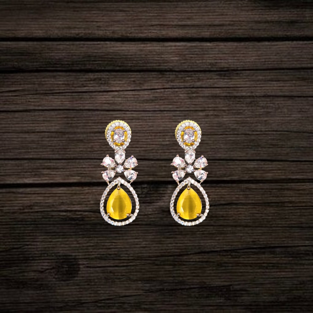 CZ Teardrop Flower Drop Earrings — American Diamond | 24K Gold Plated | Wedding
