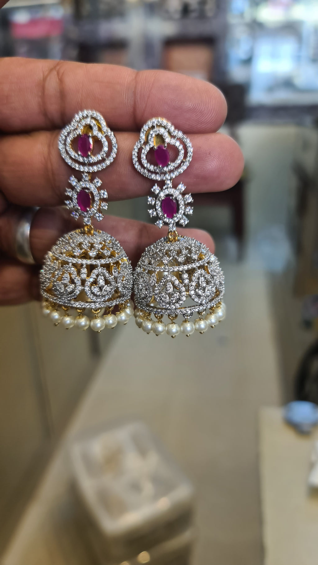 American Diamond Heart Top Jhumka Earrings | Pearl Fringe | Push Back