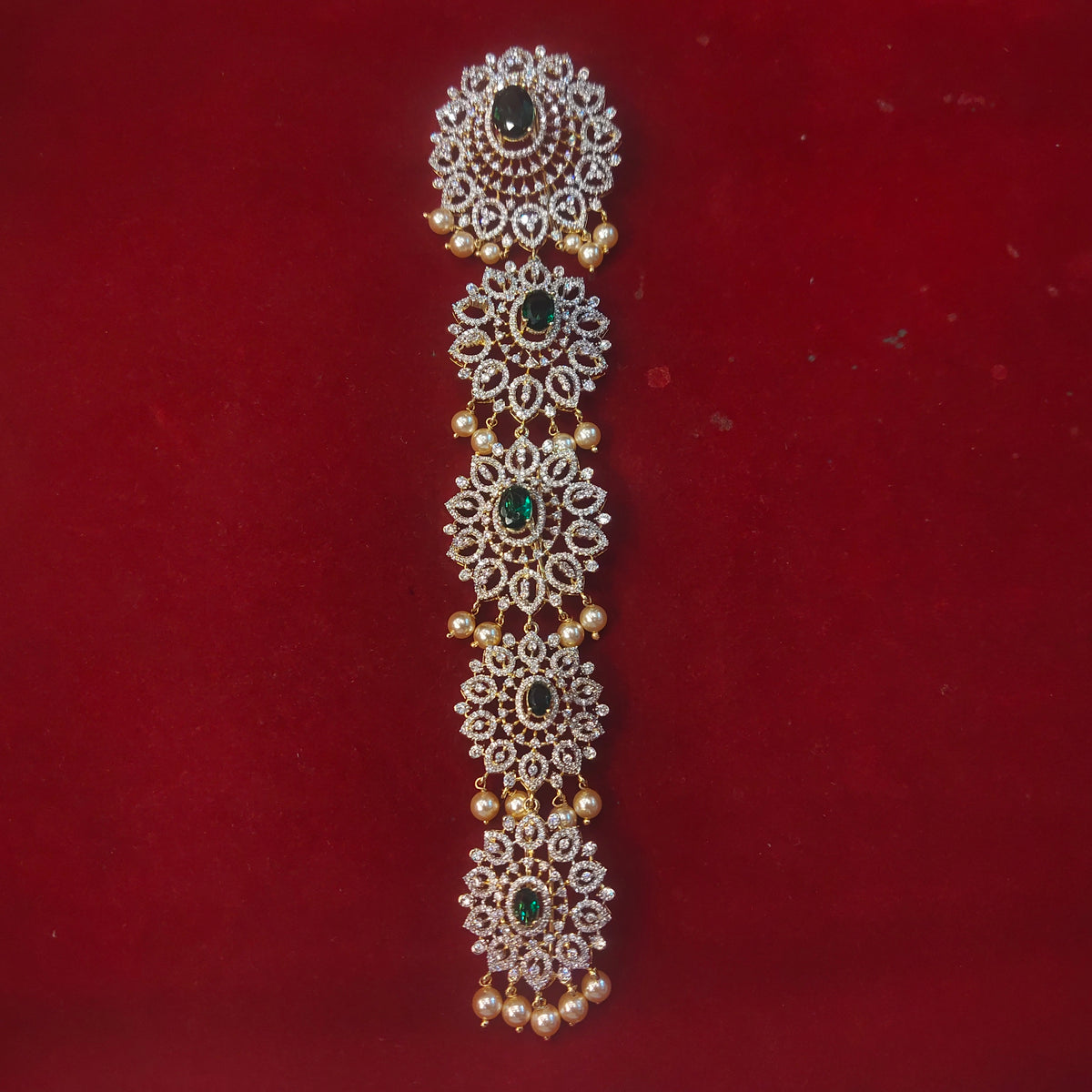 CZ Emerald Bridal Jadda Billau with Pearl Drops – Cascading Side Hair Jewelry