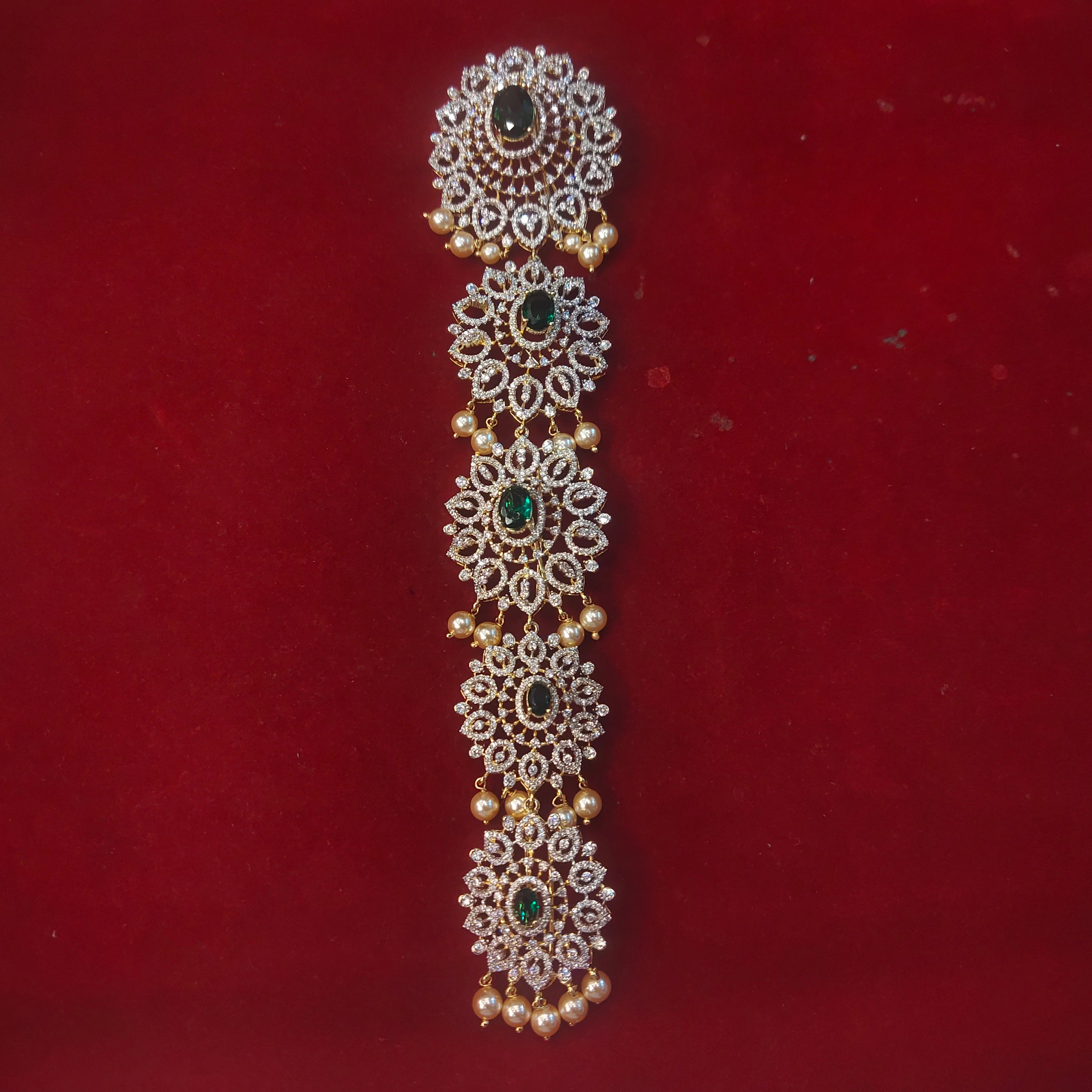 CZ Emerald Bridal Jadda Billau with Pearl Drops – Cascading Side Hair Jewelry