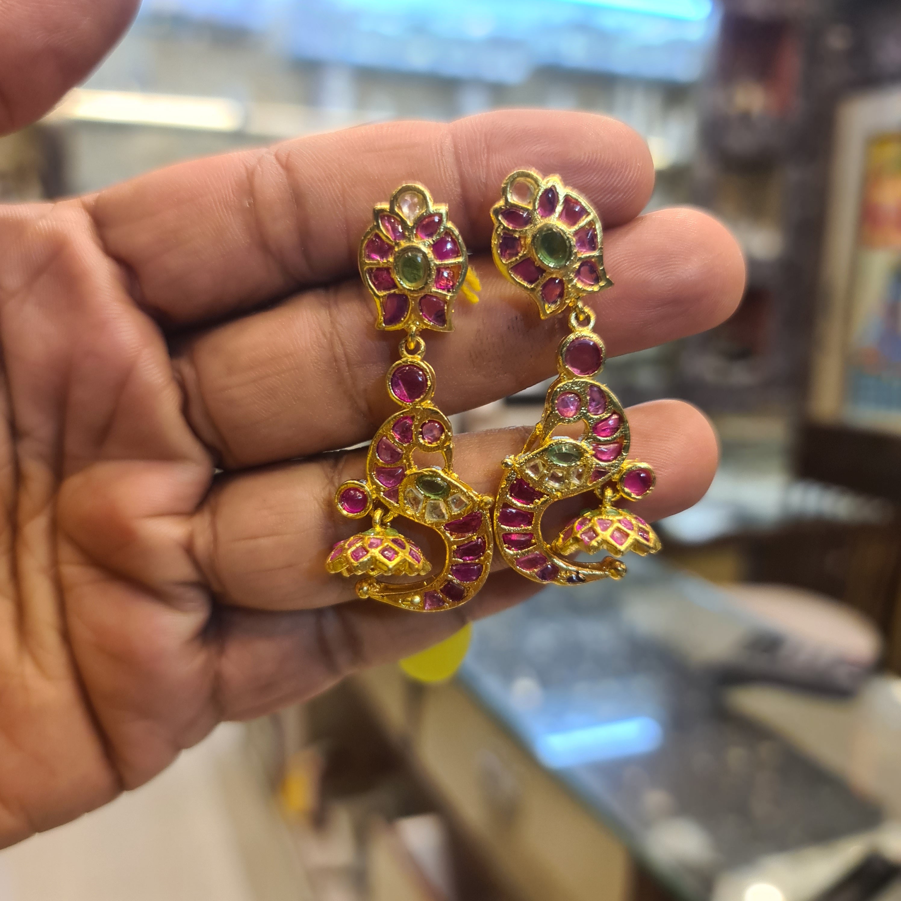 Kempu Polki Peacock Drop Earrings with Jhumka | Antique Gold Finish