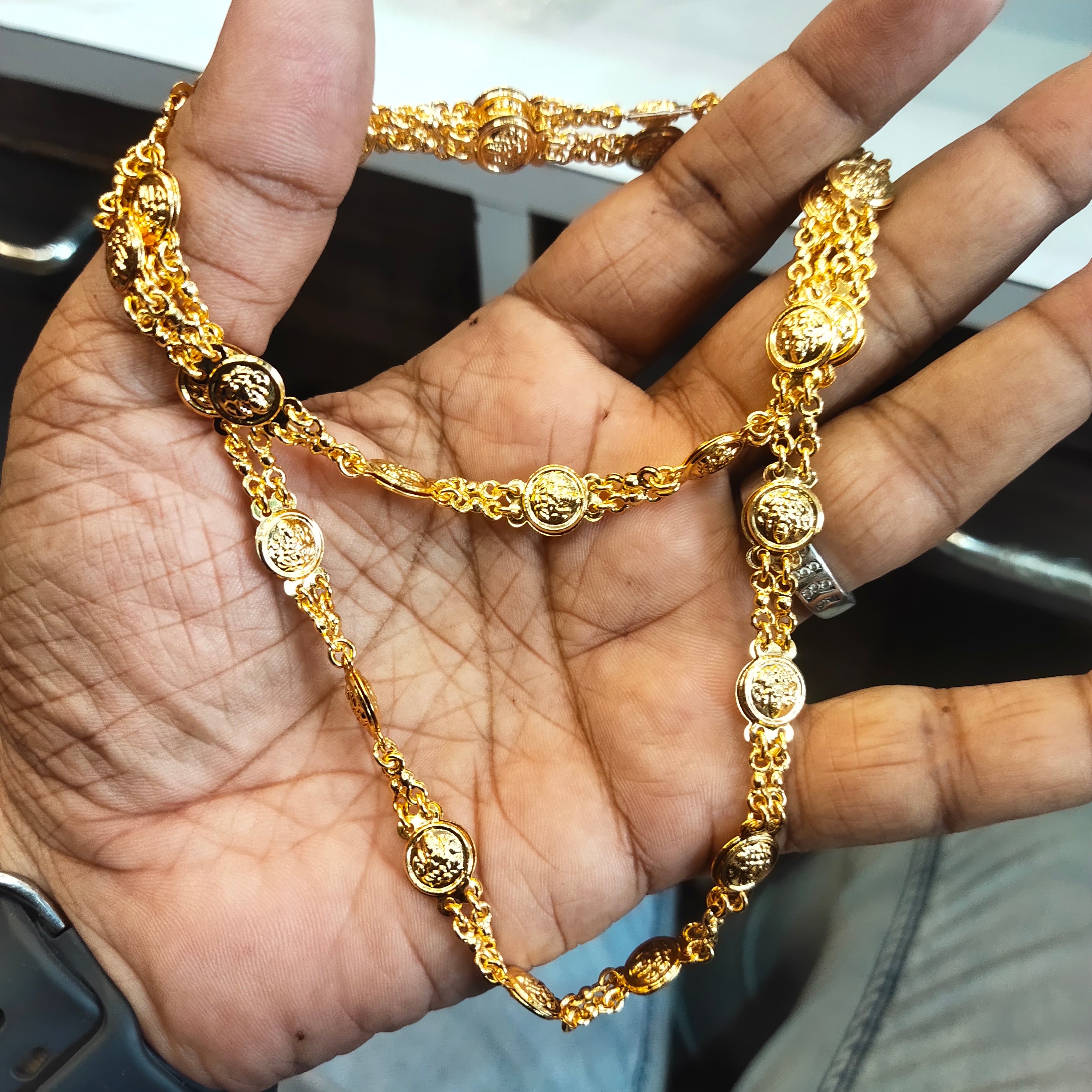 24K Gold Plated Two Rows Lakshmi Kasu Chain - Double Layer Temple Necklace