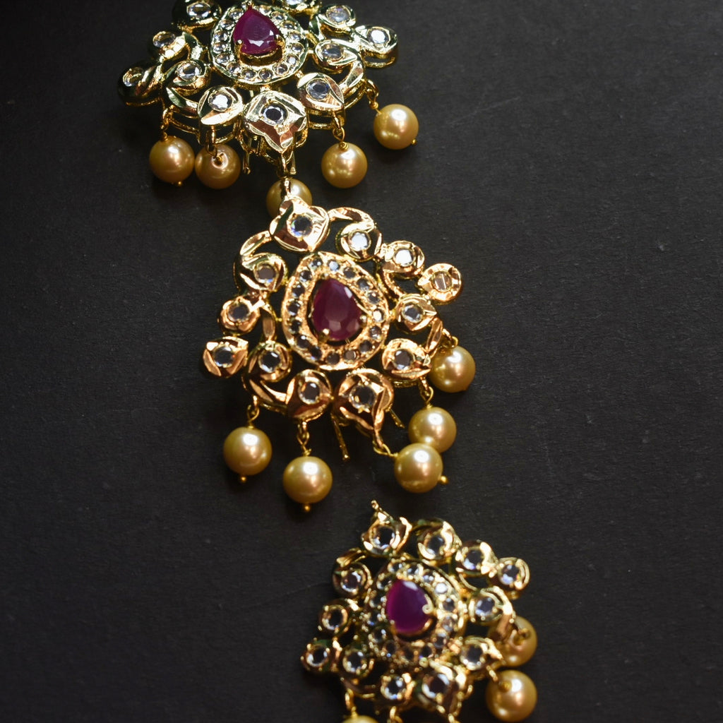 24K Gold Plated Polki Jada Billalu Set - 3 Piece South Indian Bridal Hair Jewelry