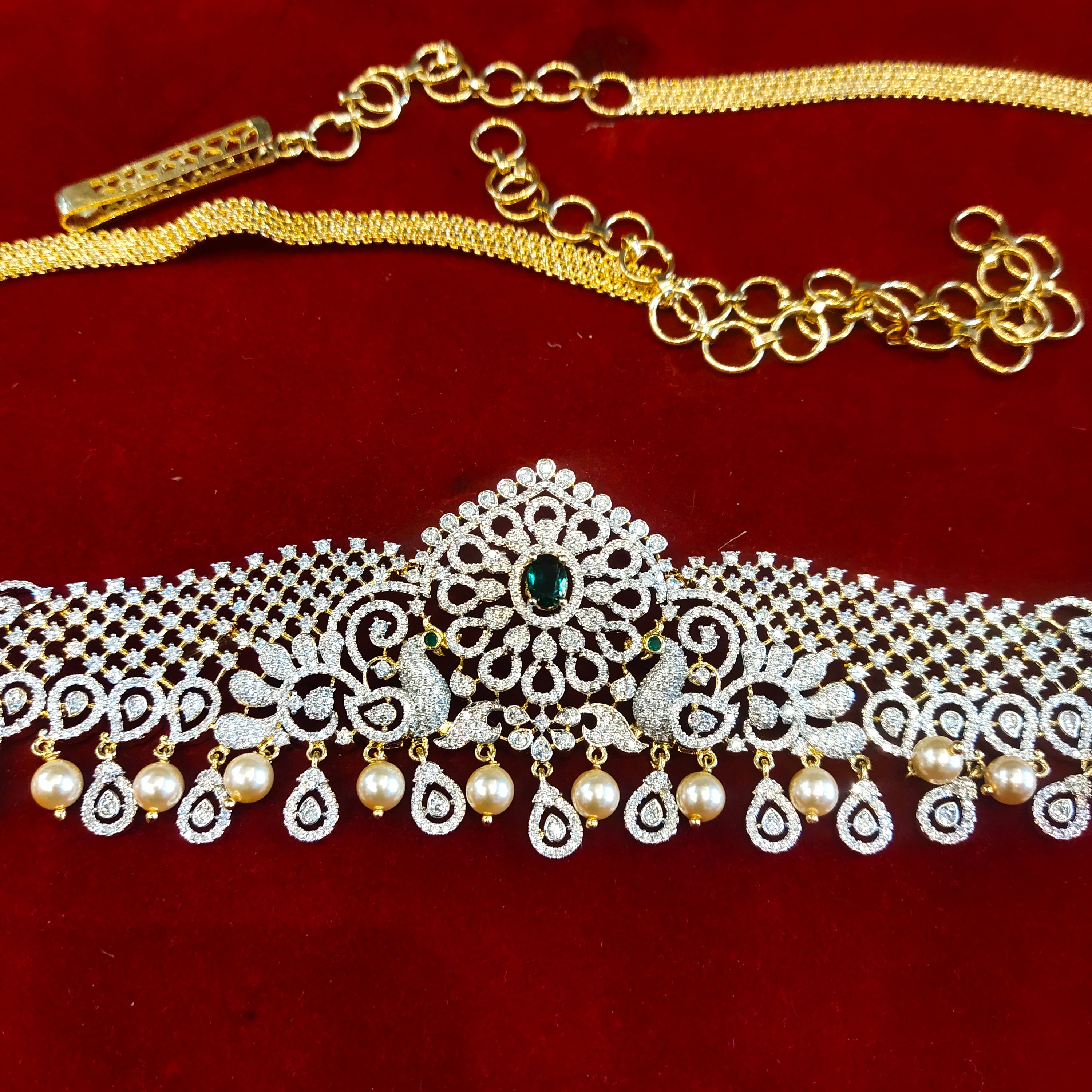 Zircon Rhodium-Gold Double Tone Diamond Look Chain Vaddanam for Bride