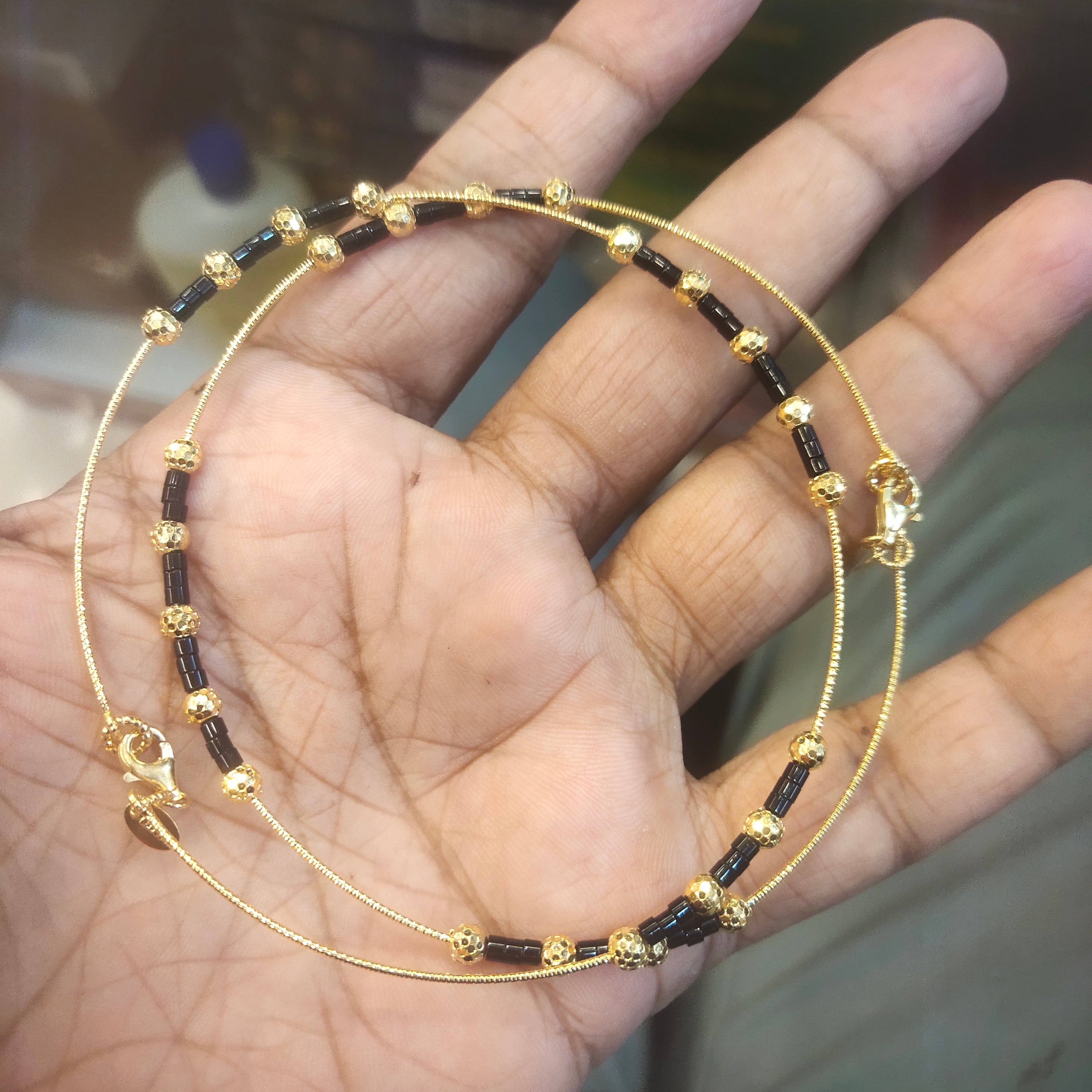 Gold Plated 925 Silver Anklets with Black Beads