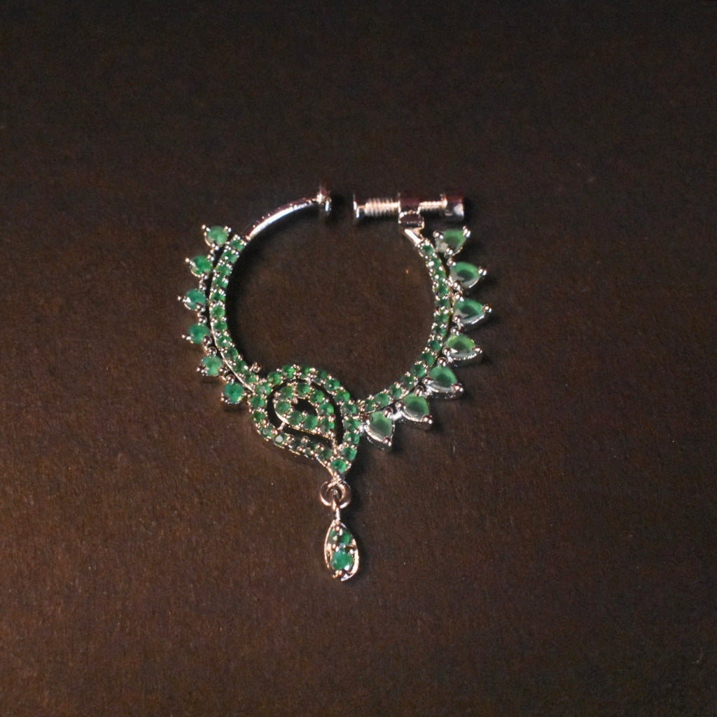 White Rhodium Plated South Indian Nath | No Piercing Nose Ring with Zircon Stones