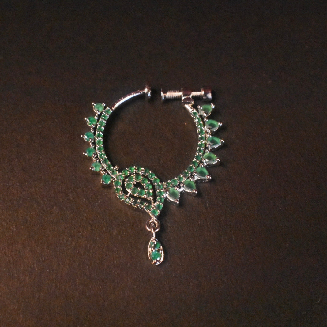 White Rhodium Plated South Indian Nath | No Piercing Nose Ring with Zircon Stones