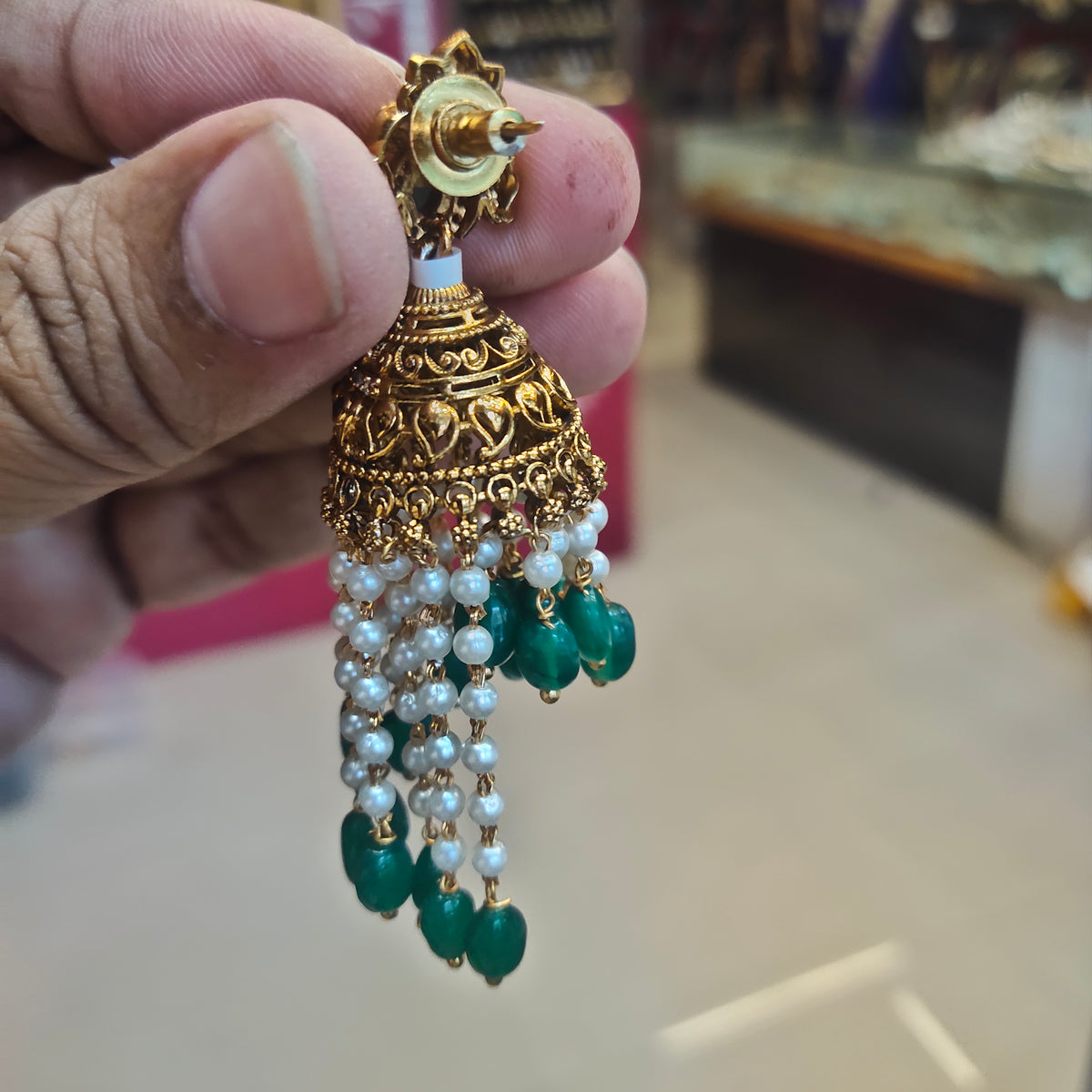 Antique Jhumka Earrings with Pearls & Emerald Beads | 7cm Long Traditional Jewellery
