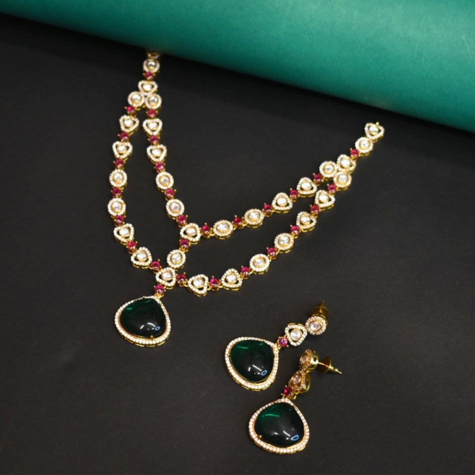 Asp Gold Plated Polki CZ Double Layer Necklace Set