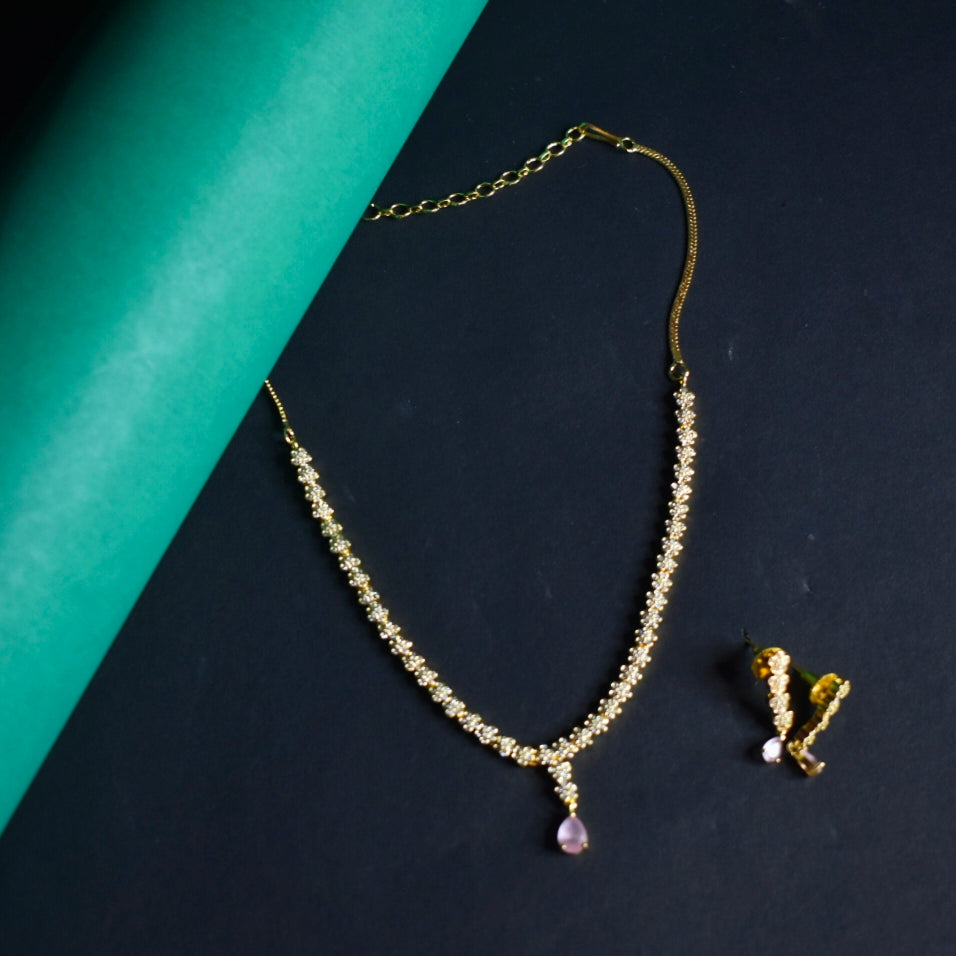 Minimal Design Zircon Necklace Set - 24K Gold Plated Office Jewellery