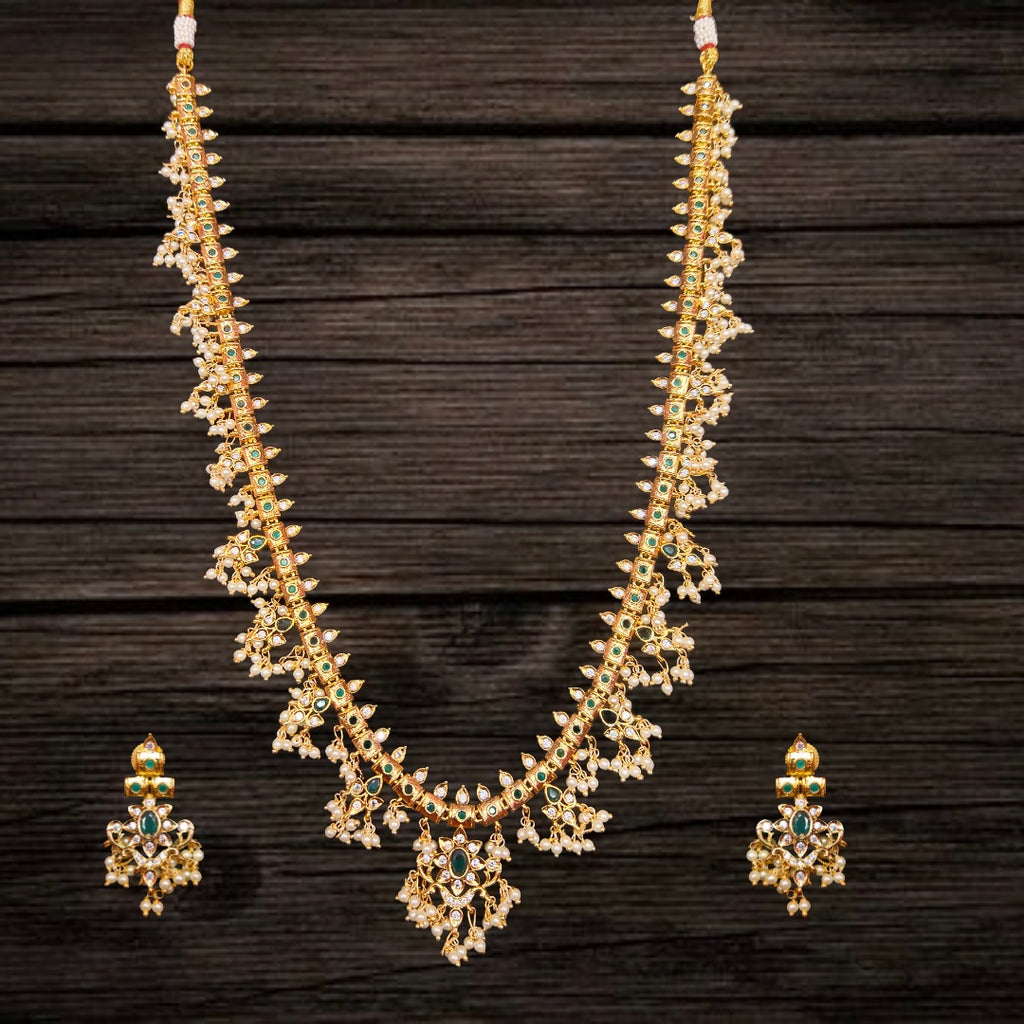 CZ Guttapusalu Necklace Set - 24K Gold Pearl Finish South Indian Haram