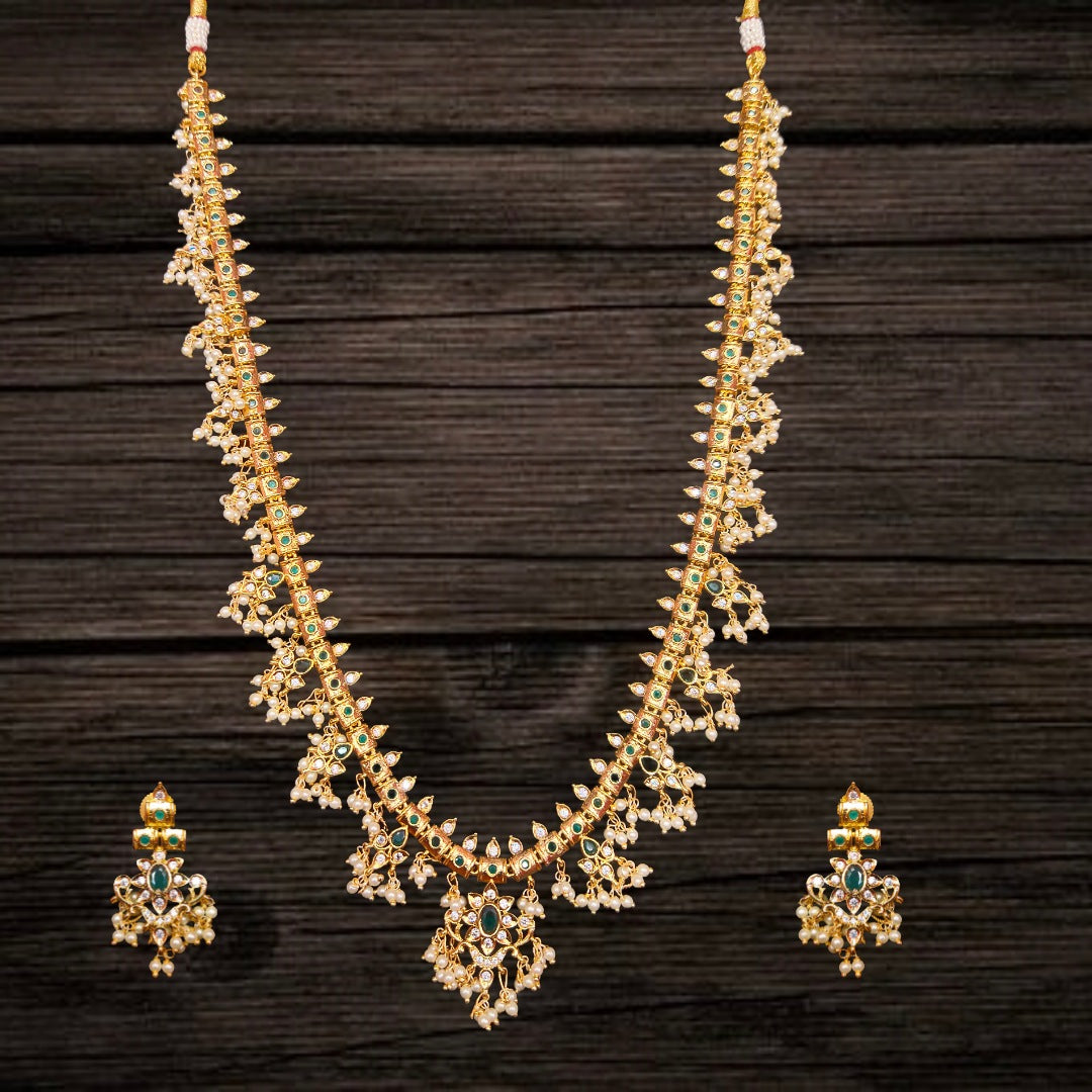 CZ Guttapusalu Necklace Set - 24K Gold Pearl Finish South Indian Haram