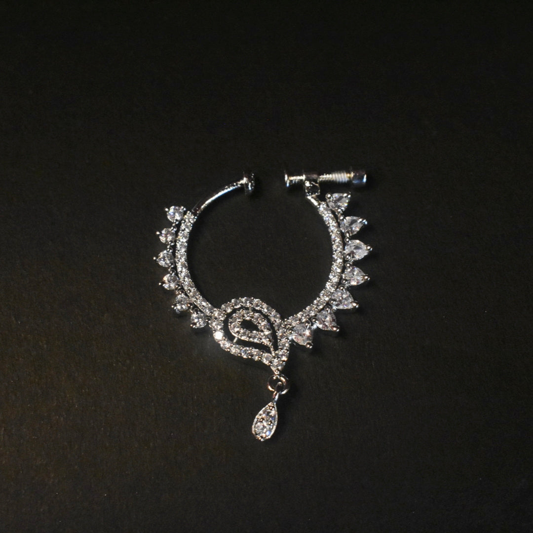 White Rhodium Plated South Indian Nath | No Piercing Nose Ring with Zircon Stones