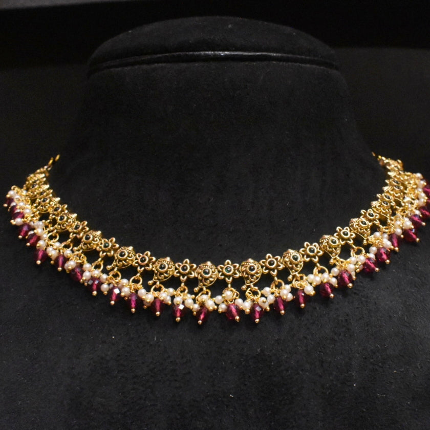 Antique Simple Necklace Set - Pink Beads with Pearl Hangings