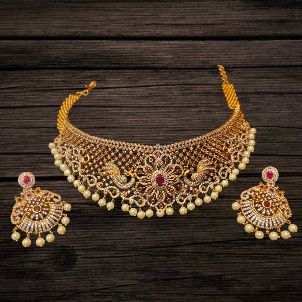 CZ Peacock Ruby Pearl Matte Choker Set - 24K Gold Plated Bridal Jewellery