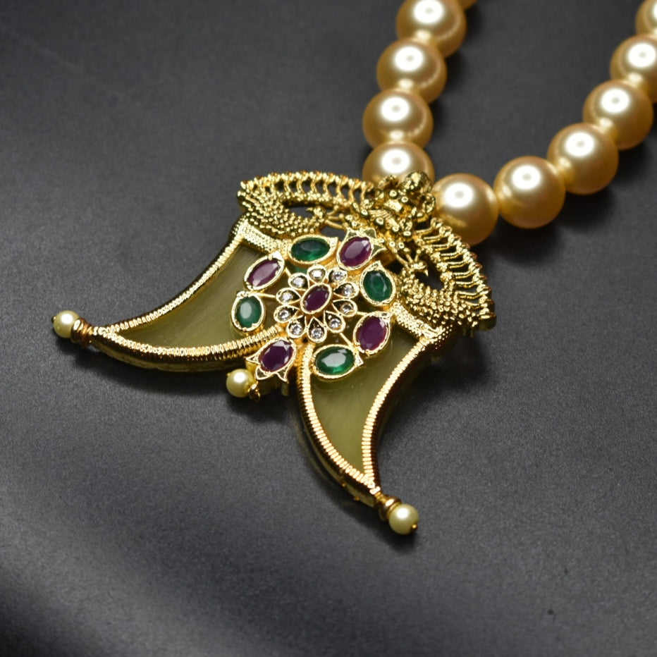 Navratna Puligoru Locket with Pearl Necklace - Luxury Groom Jewelry