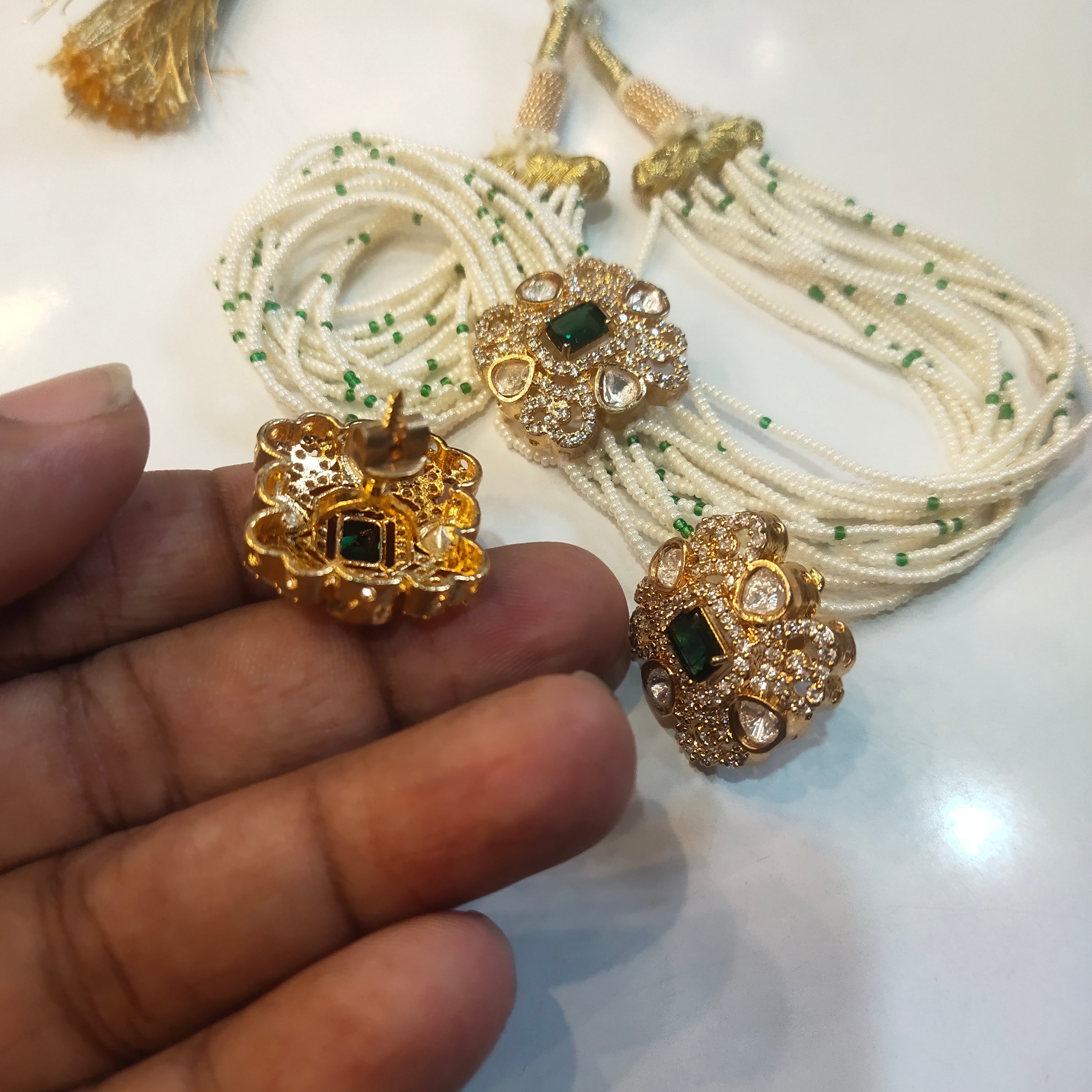 Asp Green Kundan Beaded Gold Plated Choker Necklace Set