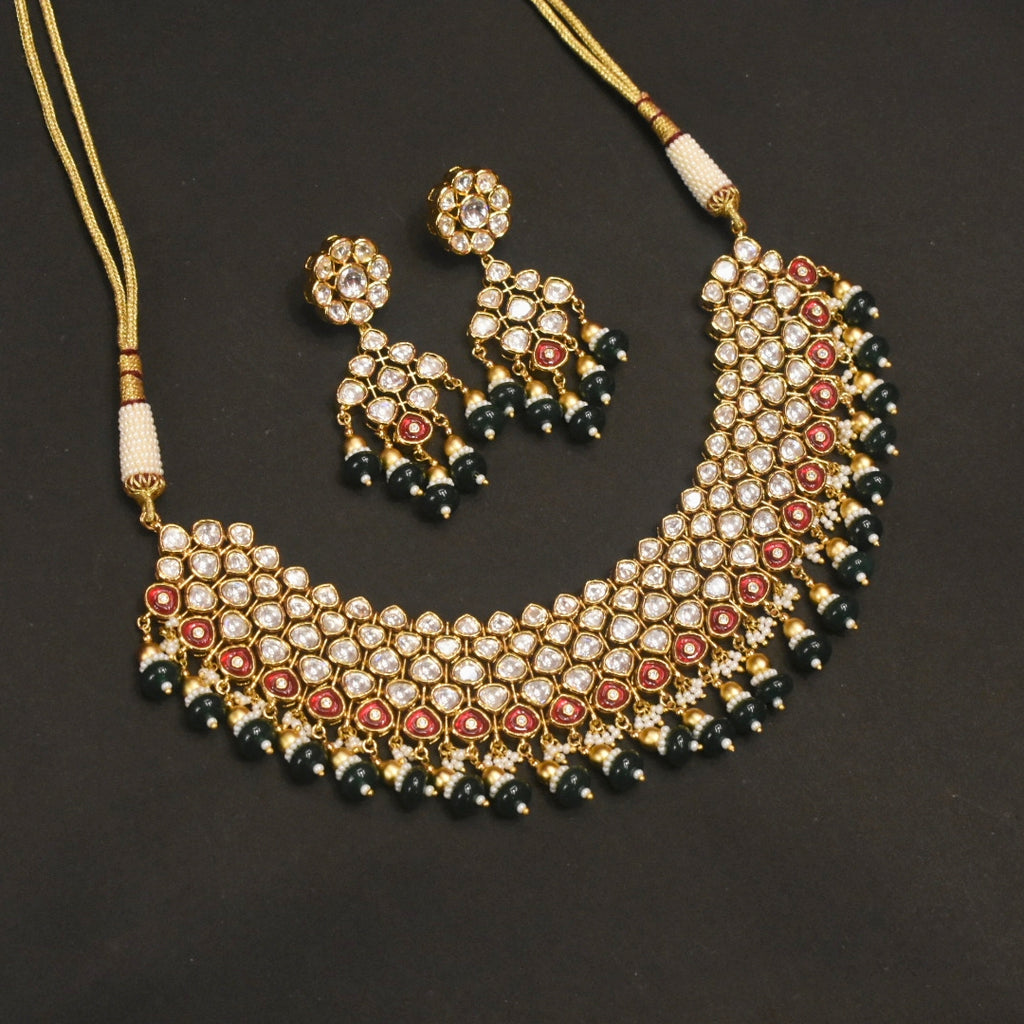 24K Gold Plated Kundan Necklace Set with Chandelier Earrings - Traditional Indian Jewelry