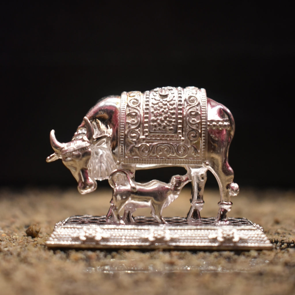 Pure Silver Kamdhenu Cow Idol - Handcrafted Sacred Gau Mata Statue