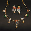 Rhodium Gold Plated Zircon Kanti Necklace Set with Coral Pearls & Emerald Beads