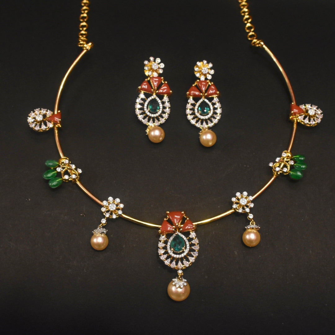 Rhodium Gold Plated Zircon Kanti Necklace Set with Coral Pearls & Emerald Beads