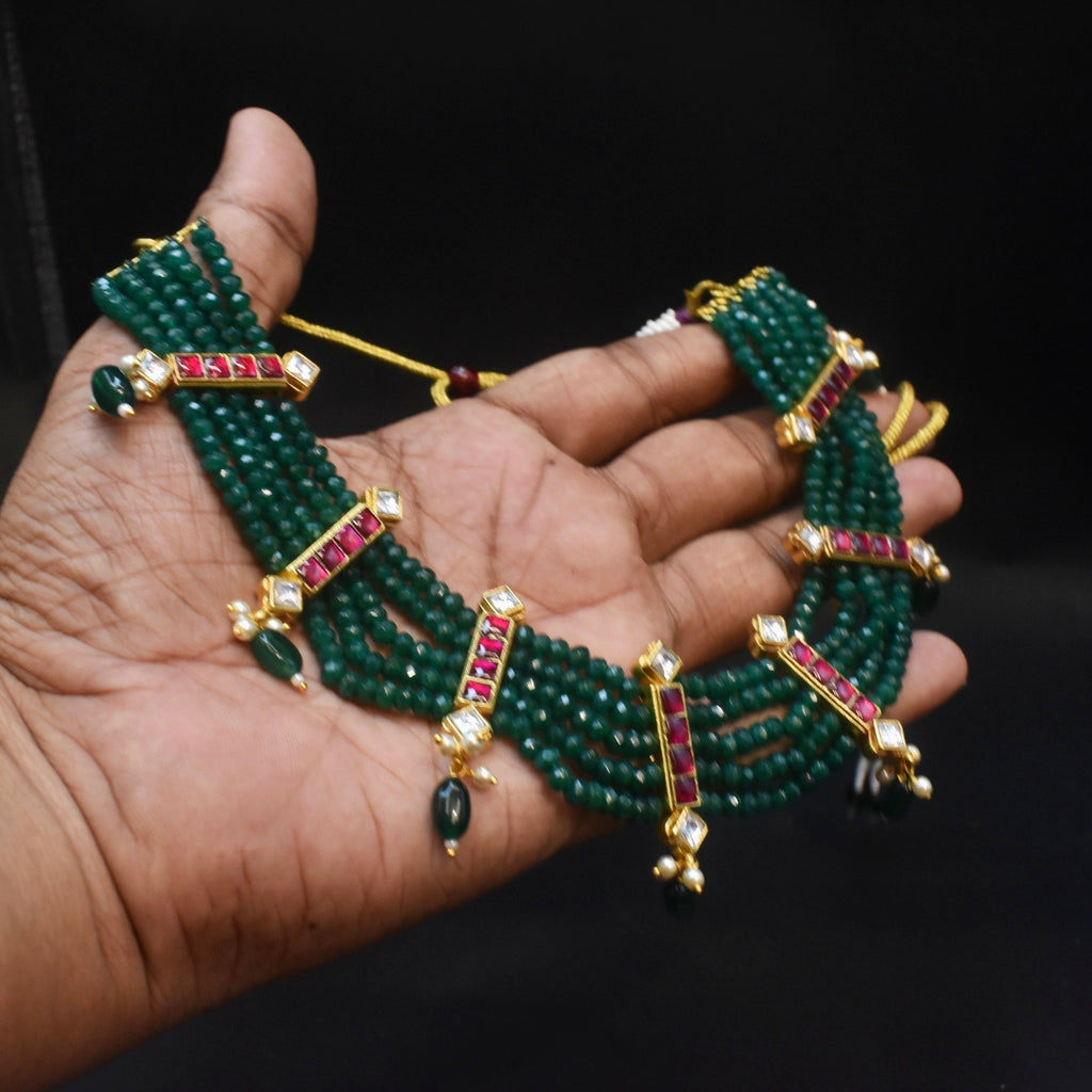 Jadau Kundan Green Beaded Necklace - 5 String Traditional Temple Jewelry