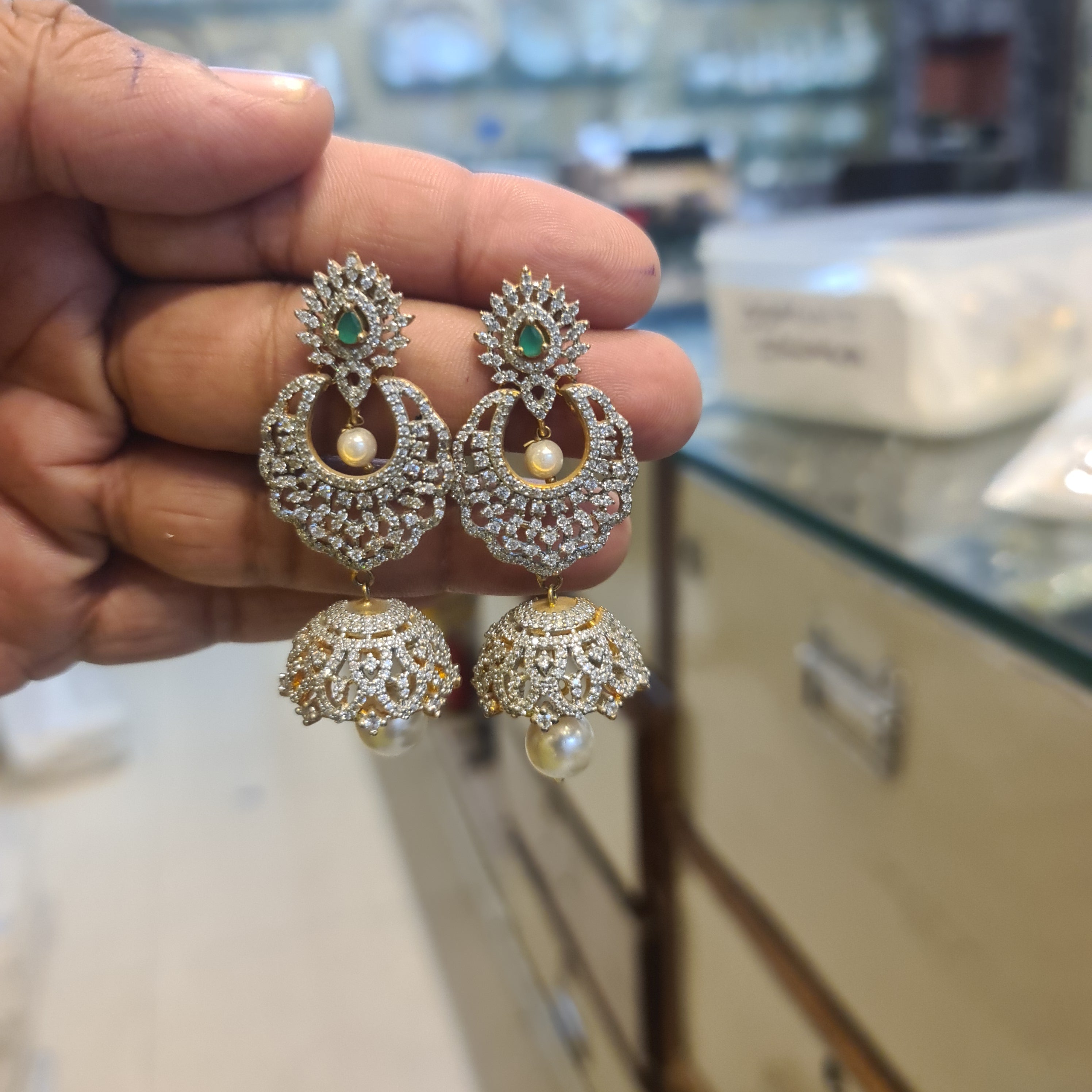 Diamond Finish CZ Chandbali Jhumka Earrings with Pearl Drop